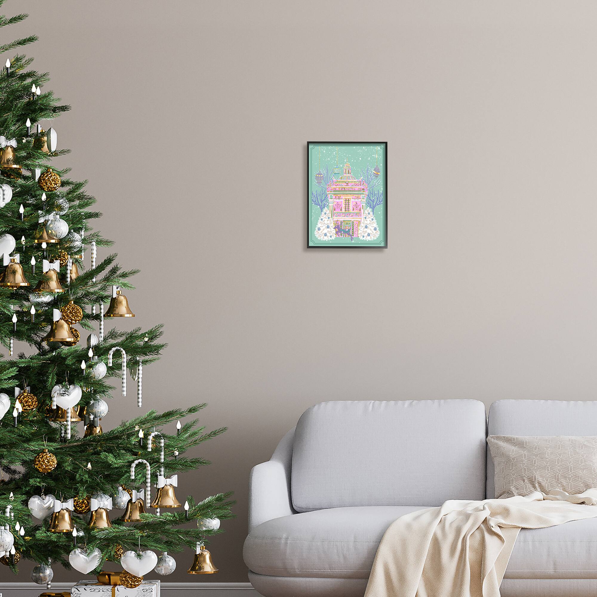 Stupell Industries Pink Ornate Christmas Building Framed Giclee Art